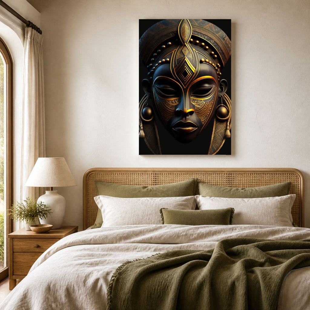 Black & Gold Mask canvas above a rattan headboard and olive throw in a cream bedroom