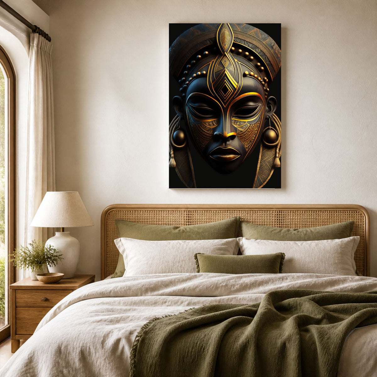 Black & Gold Mask canvas above a rattan headboard and olive throw in a cream bedroom