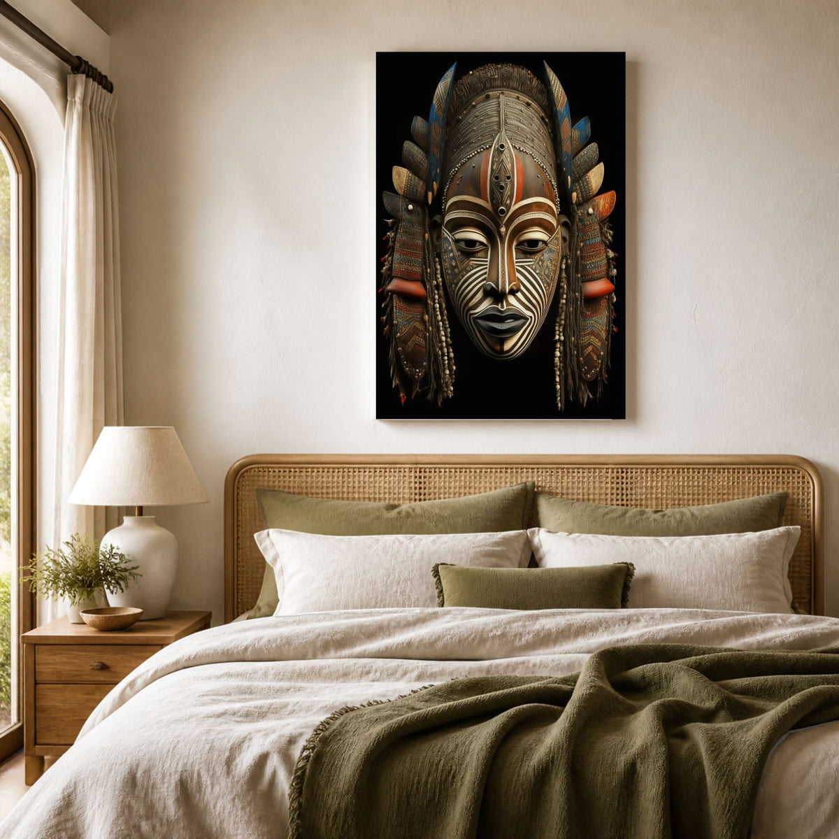 Tribal Chief canvas above a rattan bed with olive and cream bedding