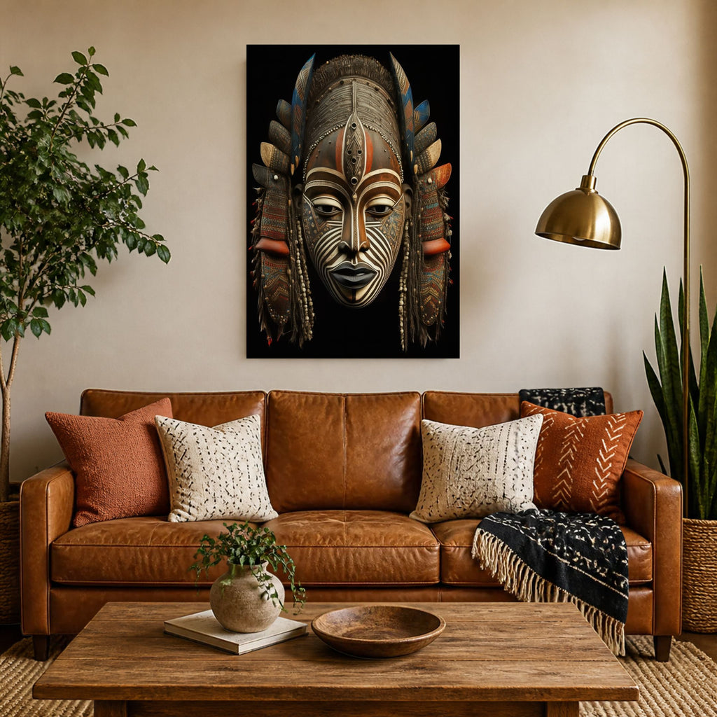 Tribal Chief canvas above a cognac leather sofa beside a brass floor lamp