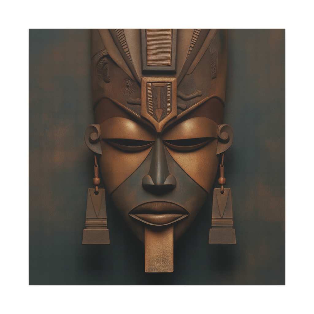 Architect of Ancestry II canvas close-up of a carved mask with closed eyes and ear pendants