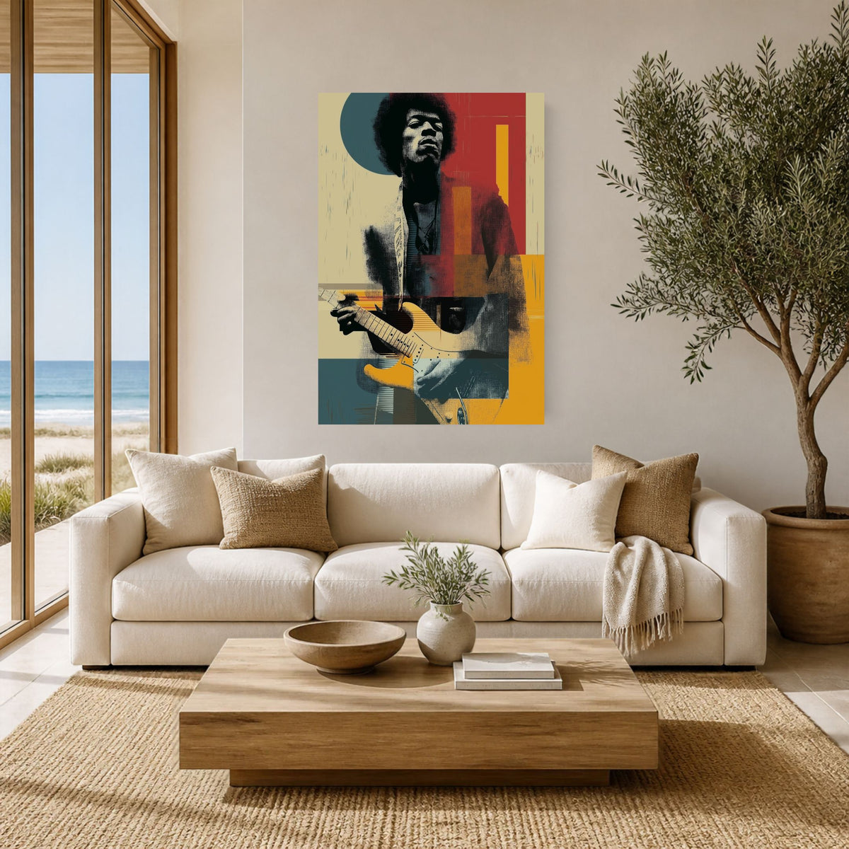 Jimi James canvas above a white sofa in a beach-view living room with olive tree