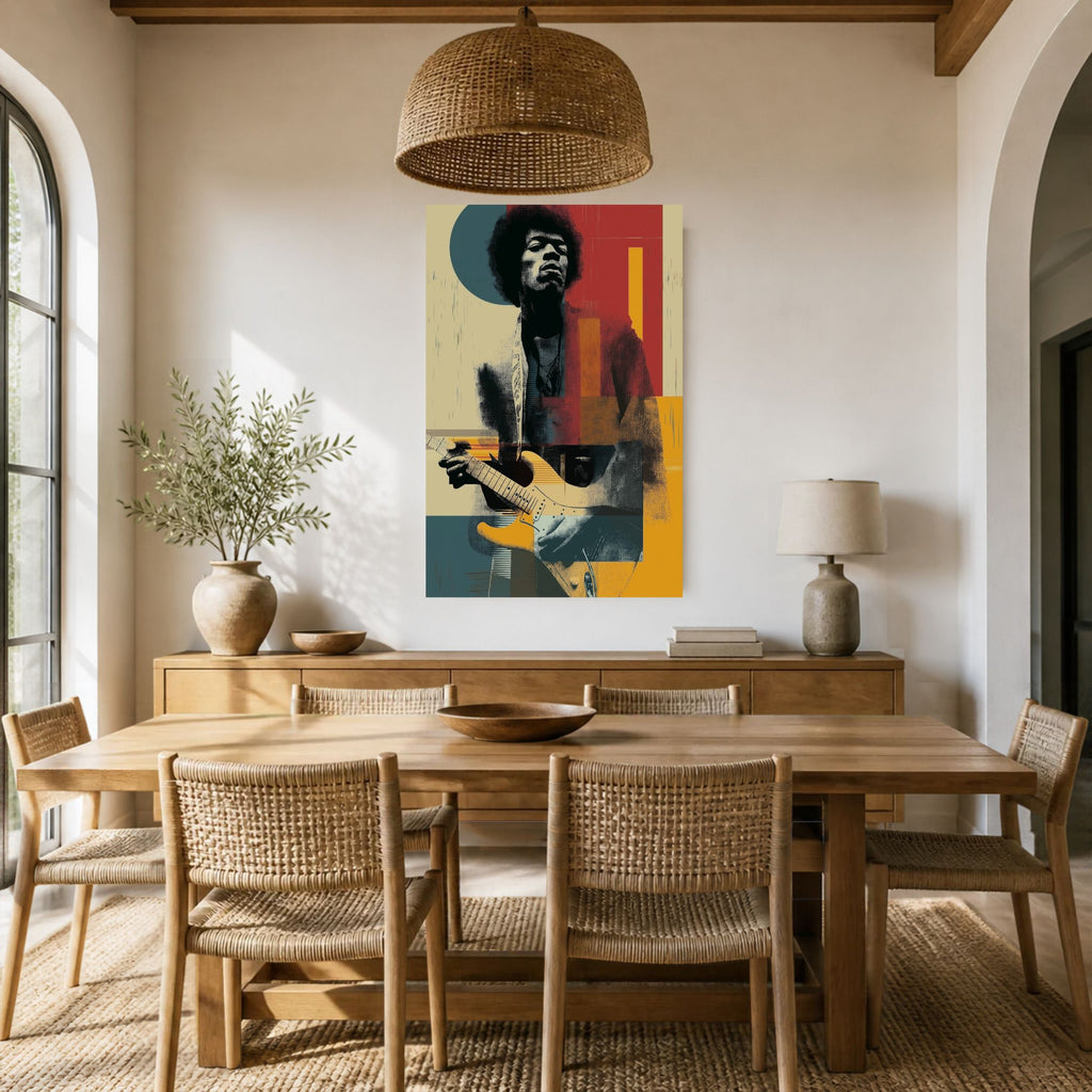 Jimi James canvas above a wooden sideboard and dining table under a woven pendant