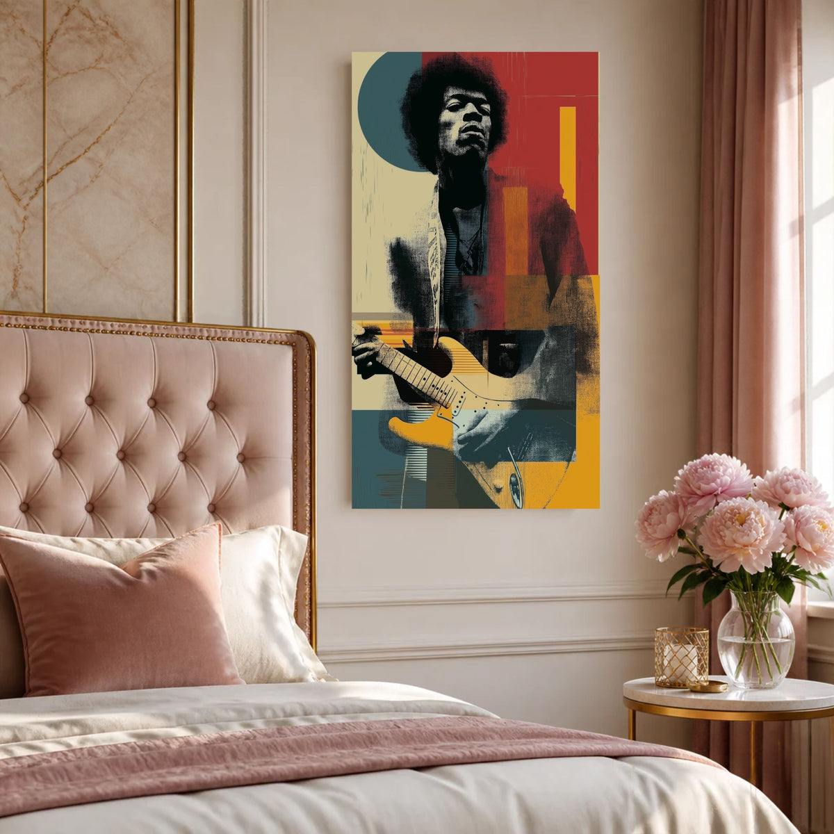 Jimi James canvas beside a blush tufted headboard and a vase of pink peonies