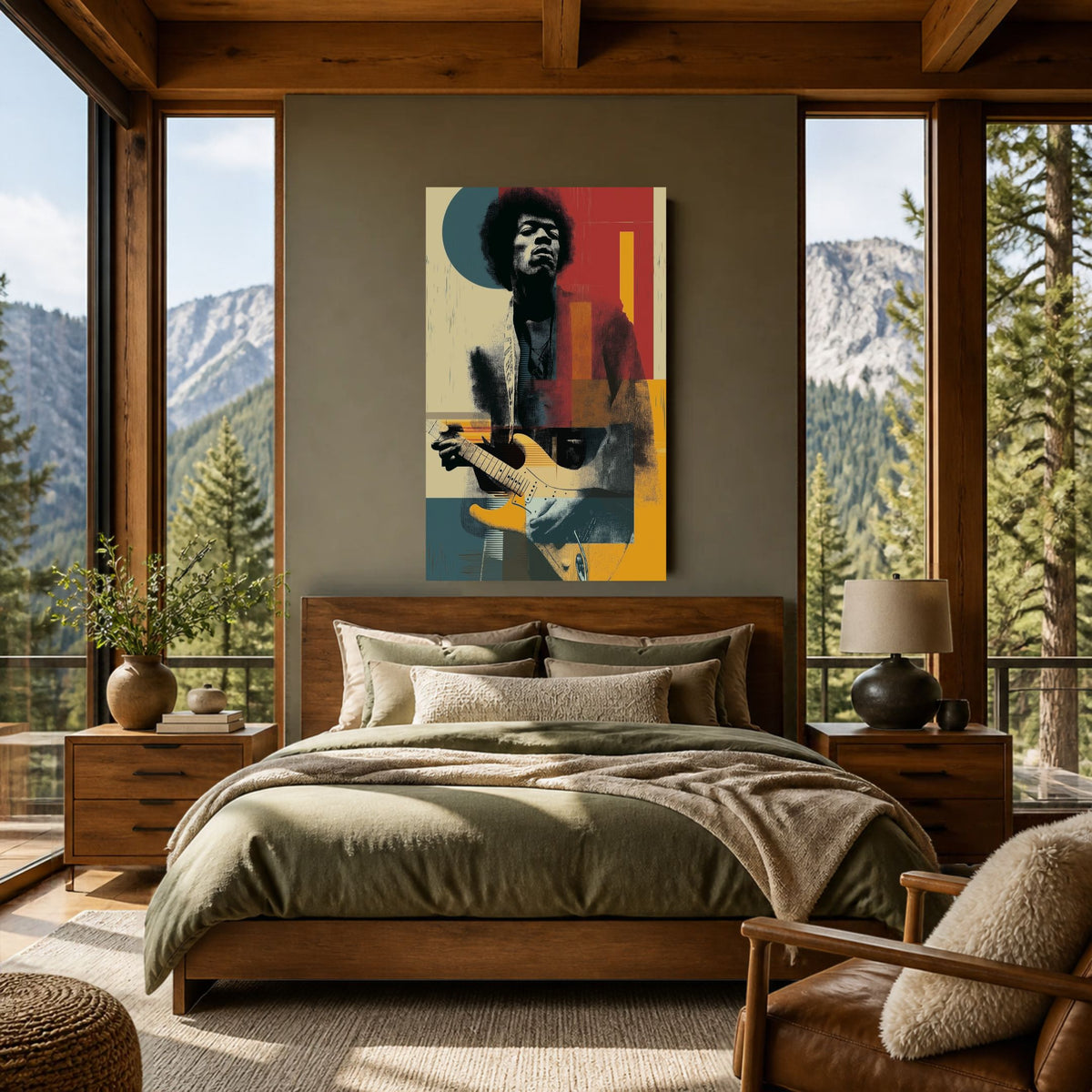 Jimi James canvas above a wooden bed between windows with mountain and forest views