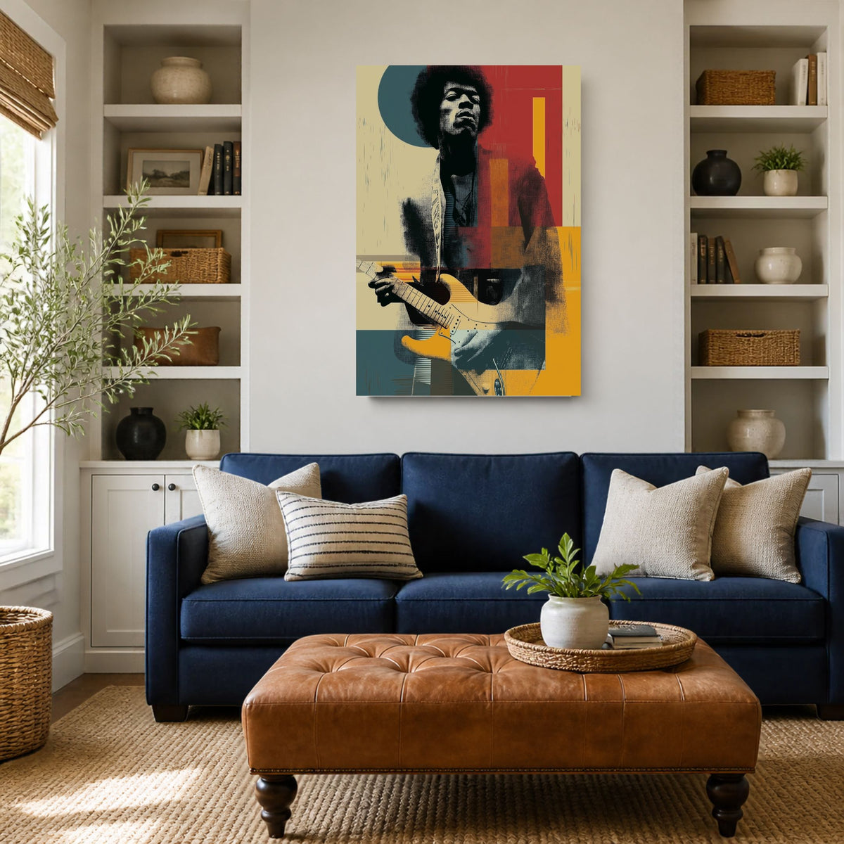 Jimi James canvas above a navy sofa and leather ottoman between white bookshelves