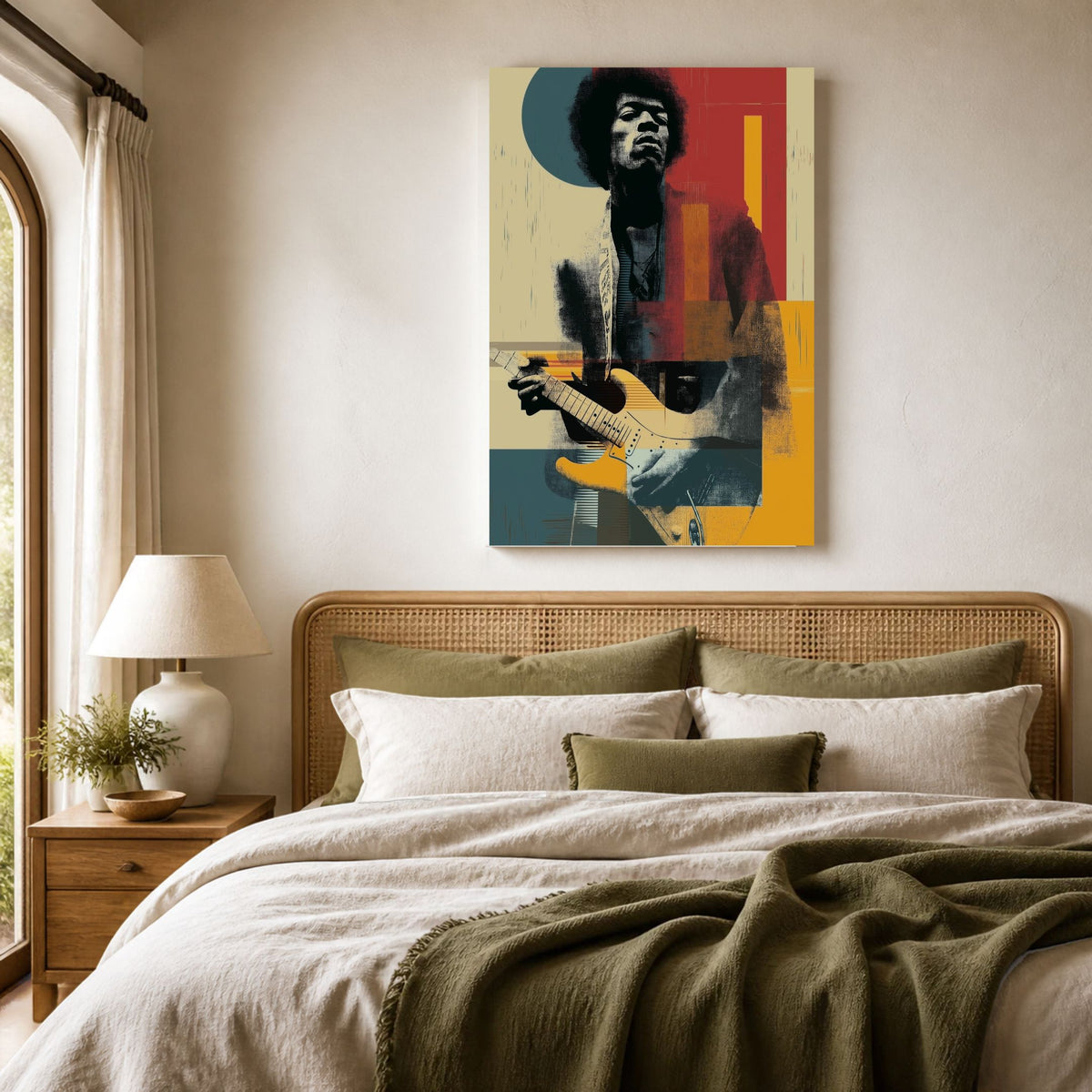 Jimi James canvas above a rattan bed with cream and olive bedding