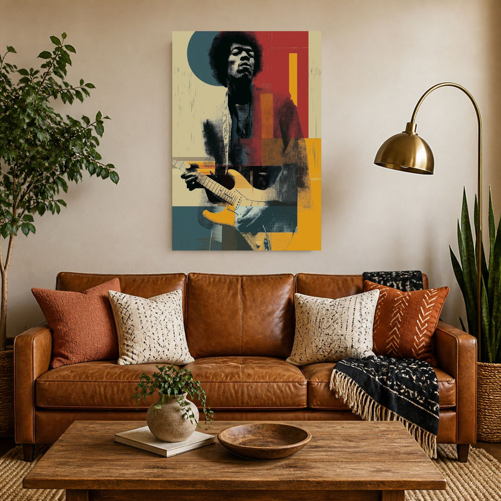 Jimi James canvas above a cognac leather sofa beside a brass floor lamp