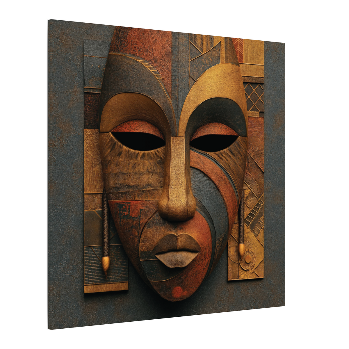 Architect of Ancestry canvas of a split-color mask in ochre, rust and slate, angled view