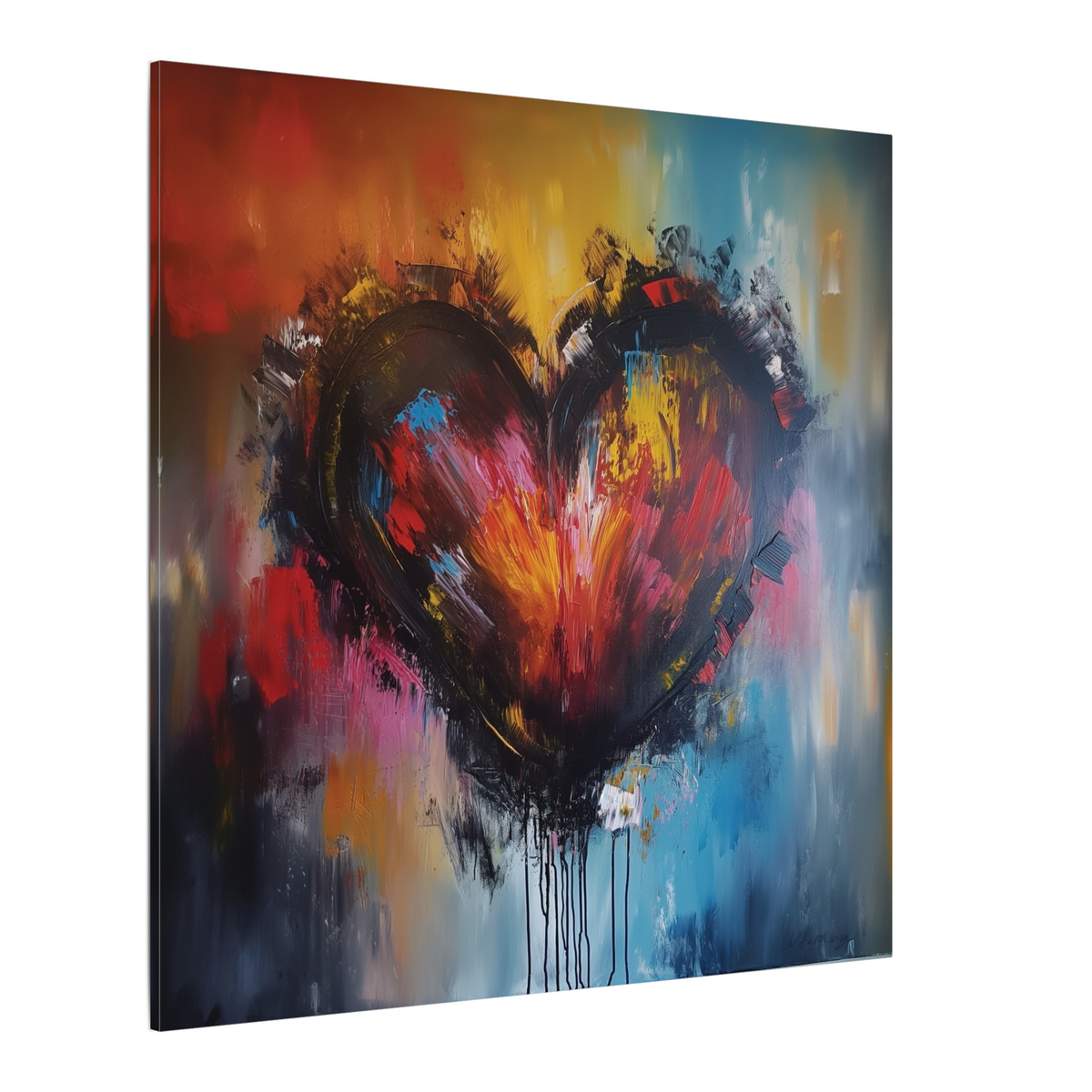 Colorful Heart canvas of a dark painted heart bursting with red, gold and blue, angled view