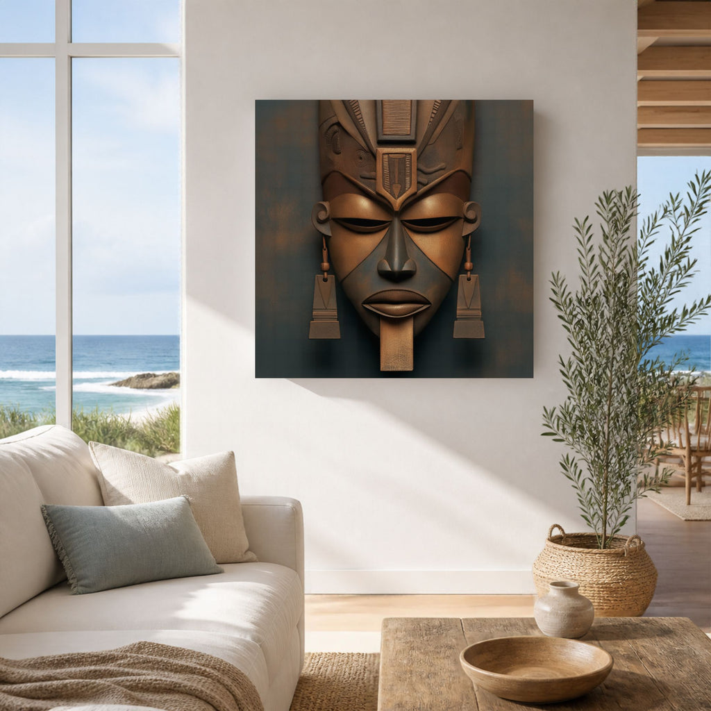 Architect of Ancestry II canvas in a beach-view living room above a white sofa