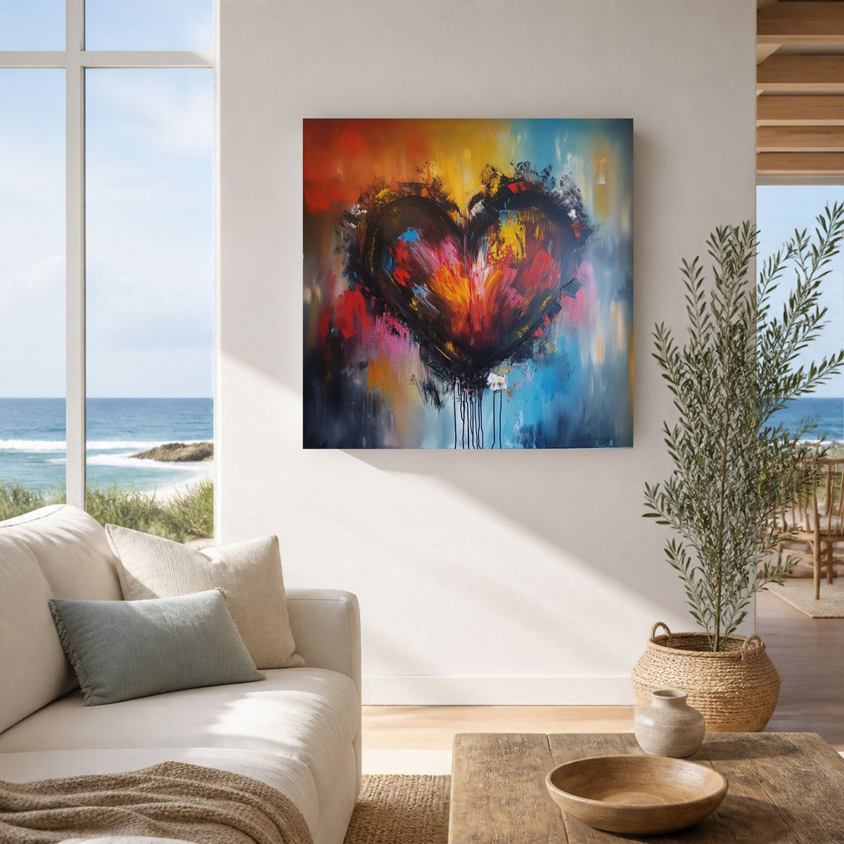 Colorful Heart canvas in a beach-view living room beside a potted olive tree