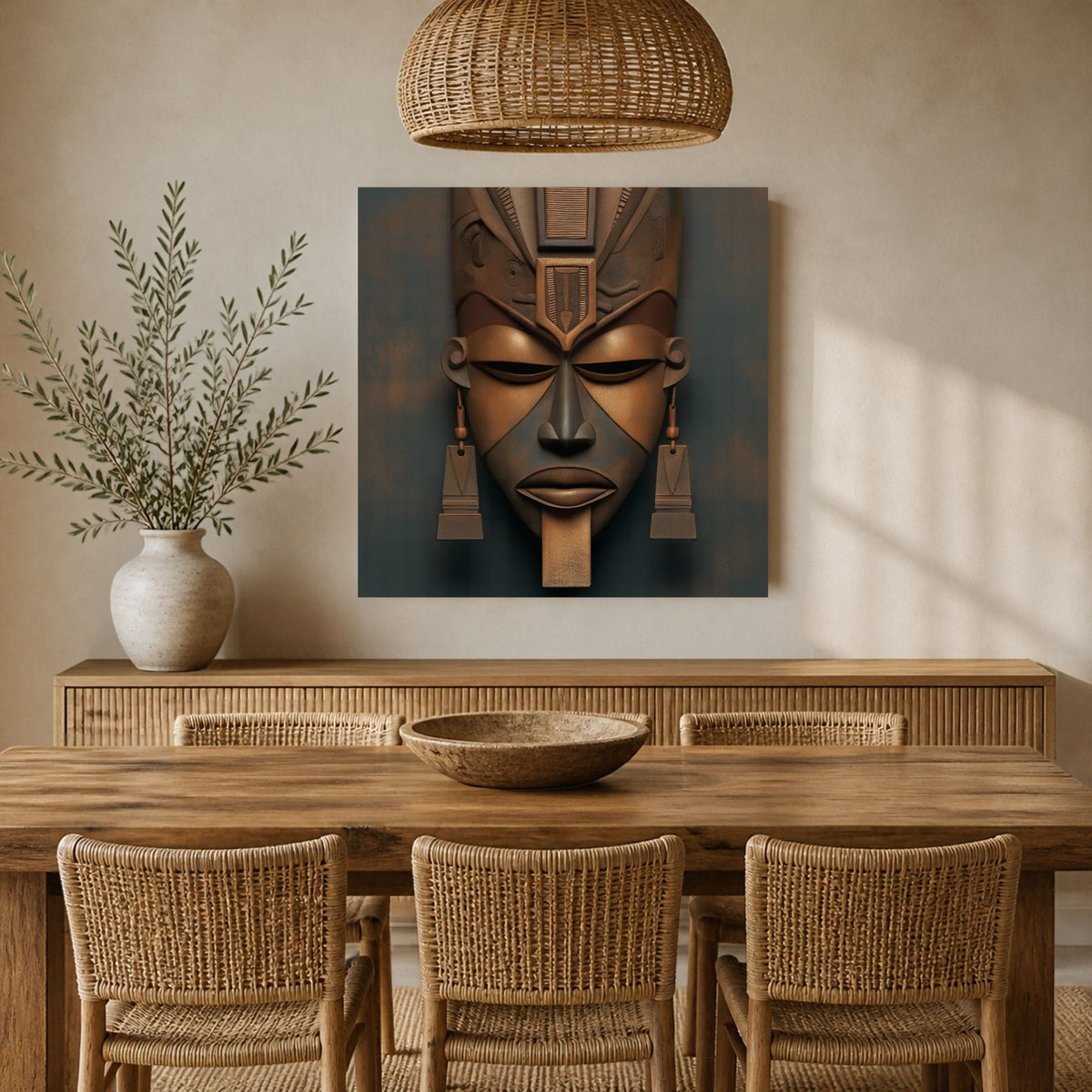 Architect of Ancestry II canvas above a wooden sideboard and dining table with woven chairs