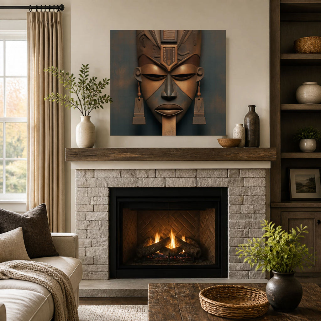 Architect of Ancestry canvas listing photo: carved brown mask above a stone fireplace with a fire