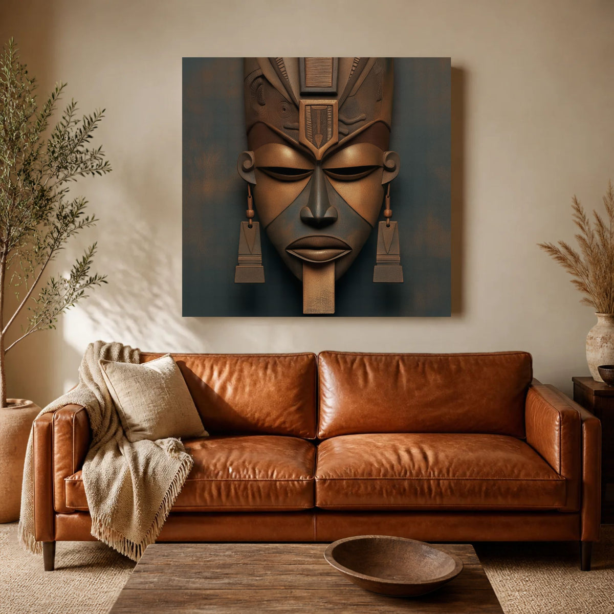 Architect of Ancestry II canvas above a cognac leather sofa in a warm living room