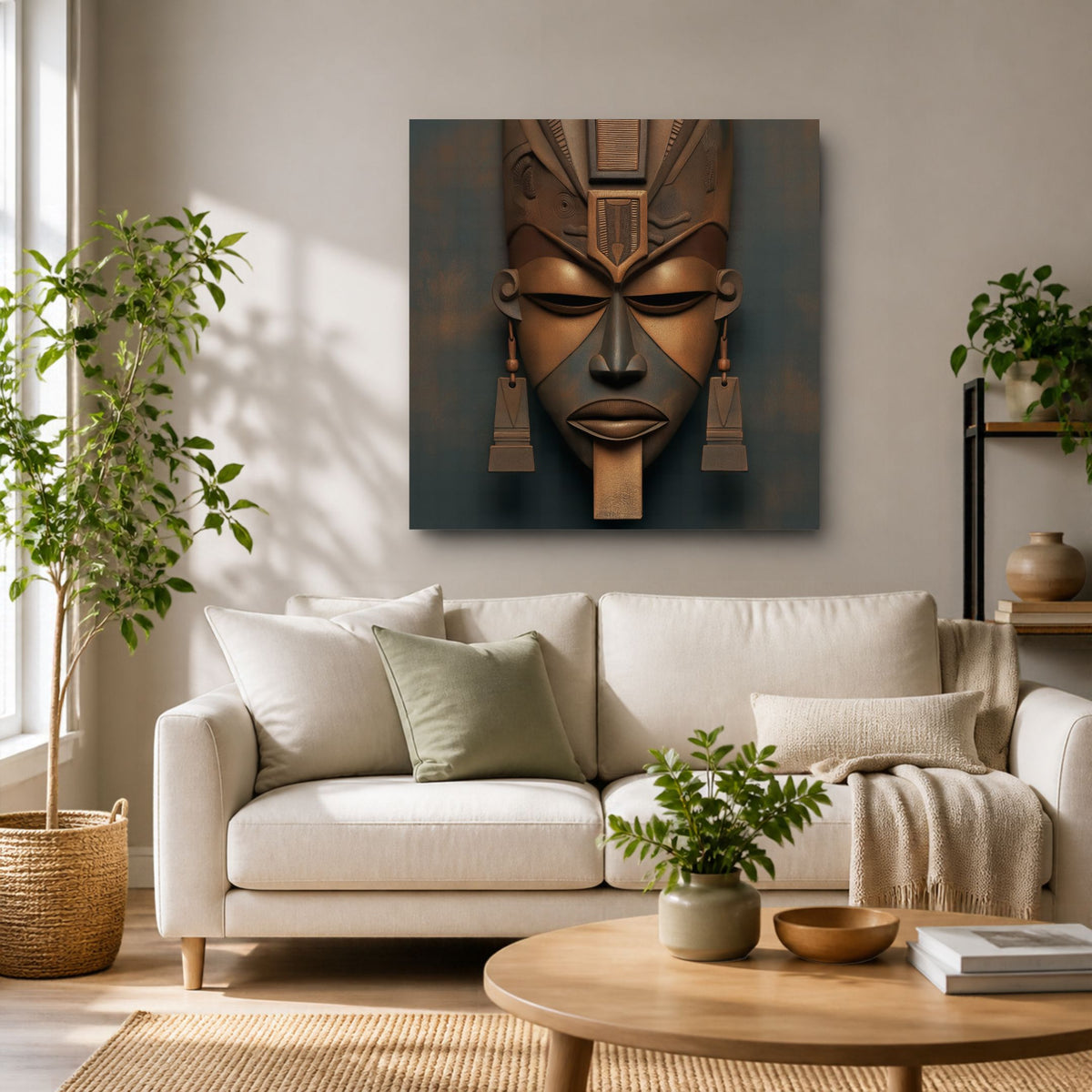 Architect of Ancestry canvas listing photo: carved brown mask above a cream sofa and round table