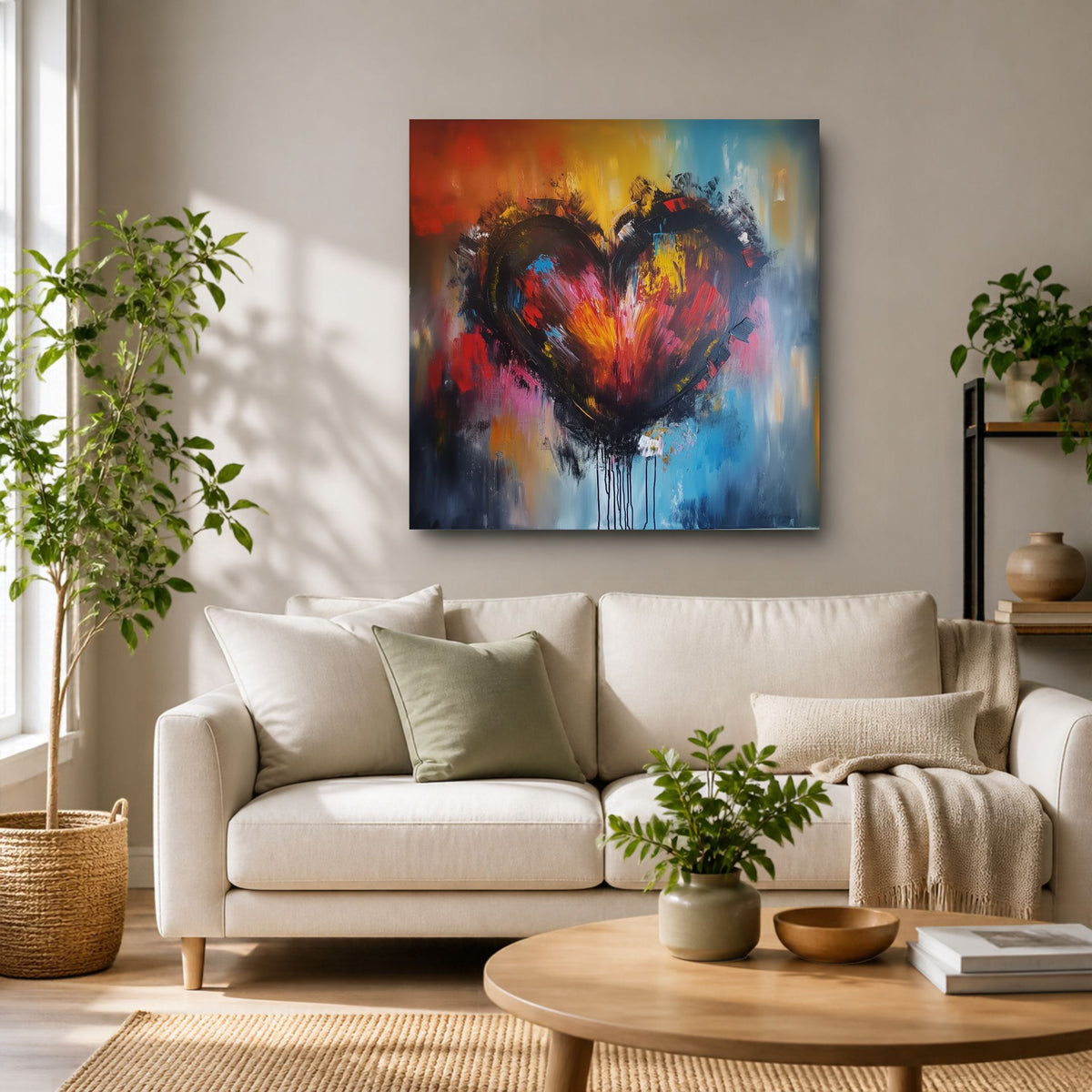 Colorful Heart canvas above a cream sofa with green pillows and a round coffee table