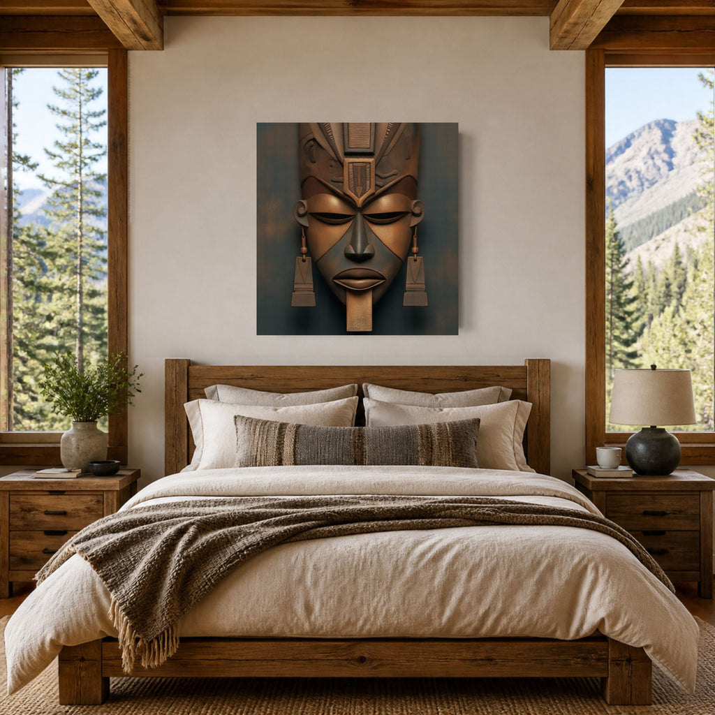 Architect of Ancestry canvas listing photo: carved brown mask above a wooden bed, mountain views