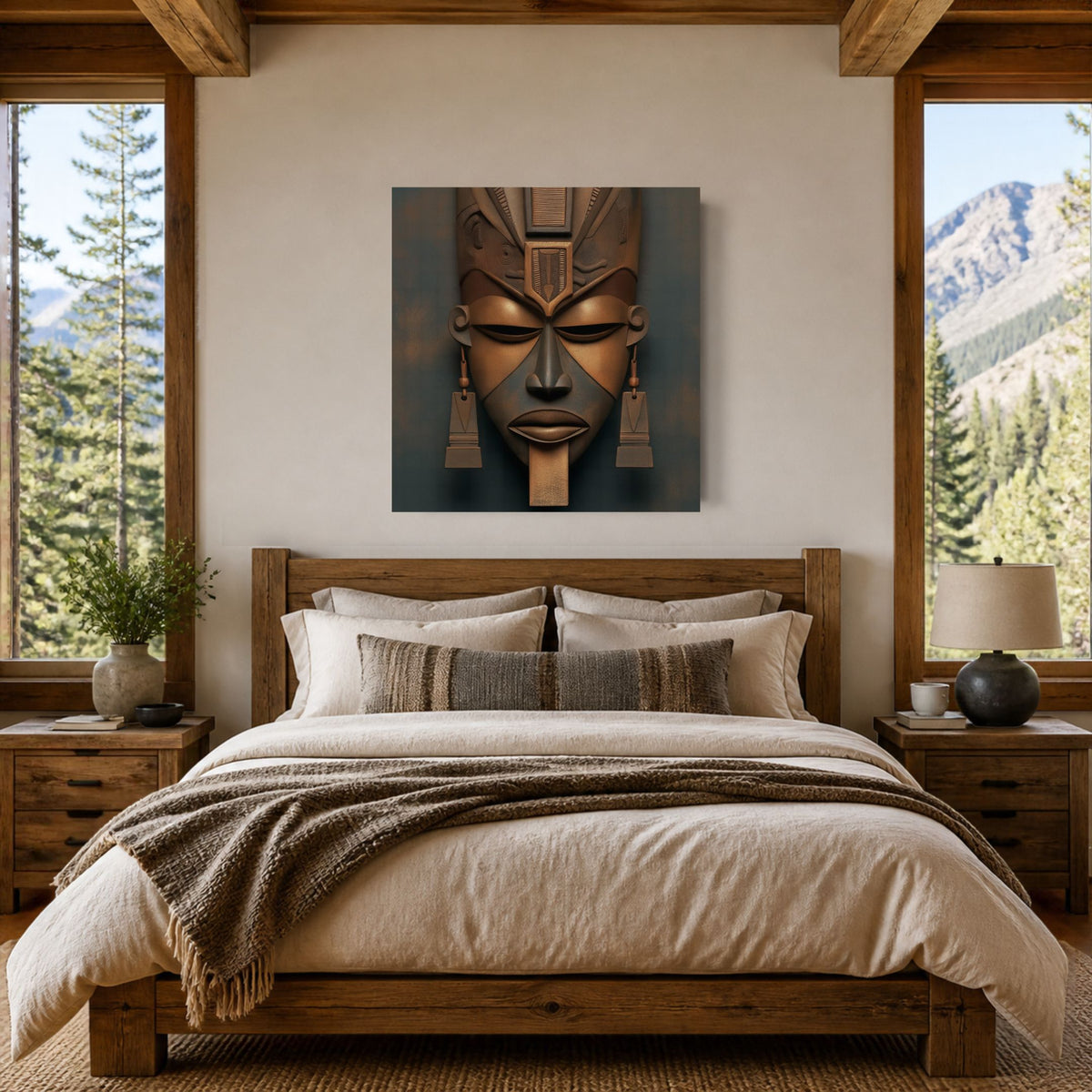 Architect of Ancestry canvas listing photo: carved brown mask above a wooden bed, mountain views