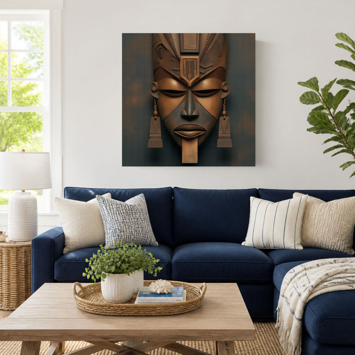 Architect of Ancestry II canvas above a navy sectional sofa and wooden coffee table