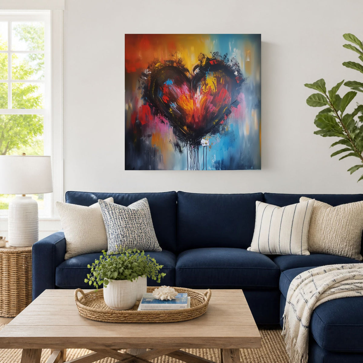 Colorful Heart canvas above a navy sectional sofa in a bright living room