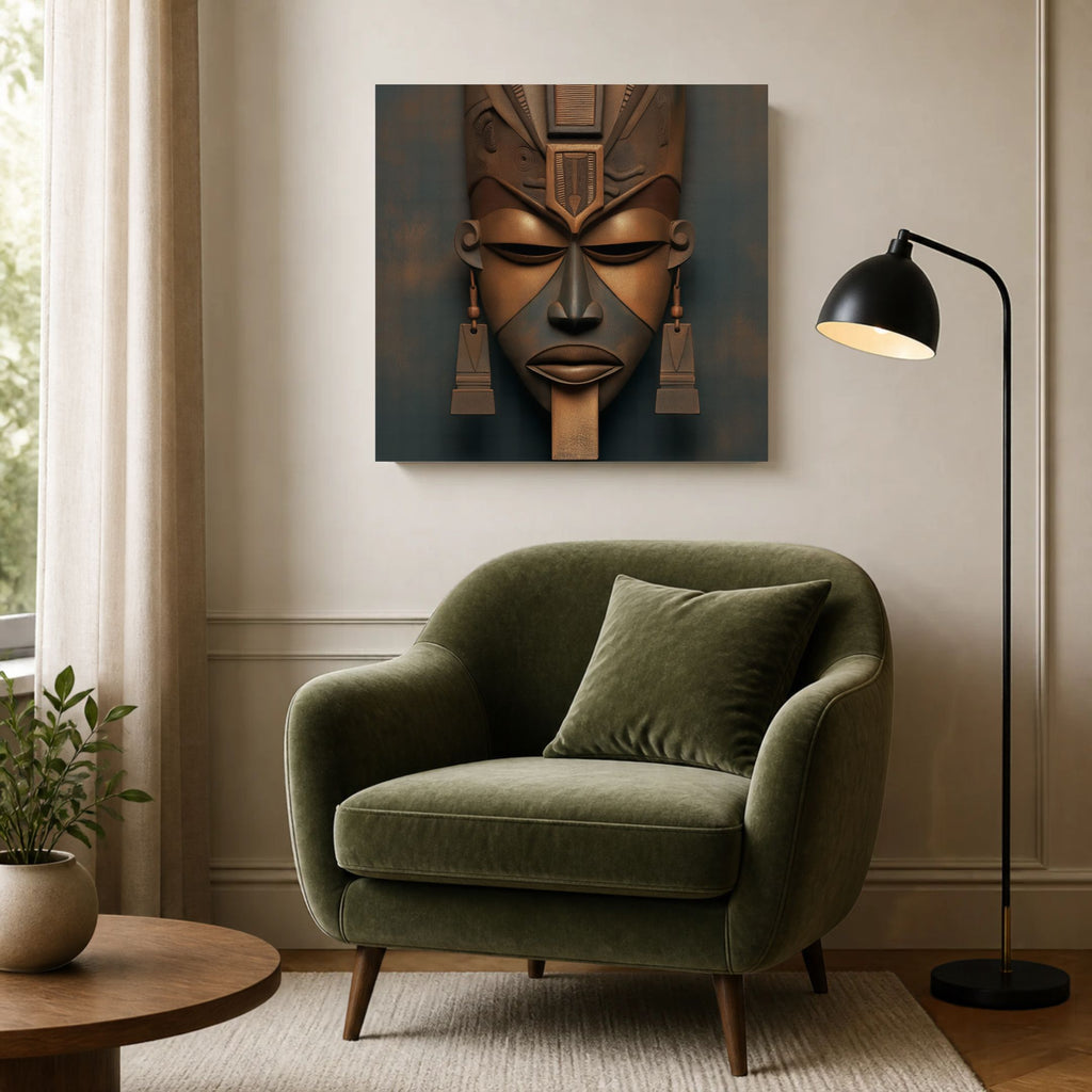 Architect of Ancestry II canvas above a green velvet armchair and black floor lamp