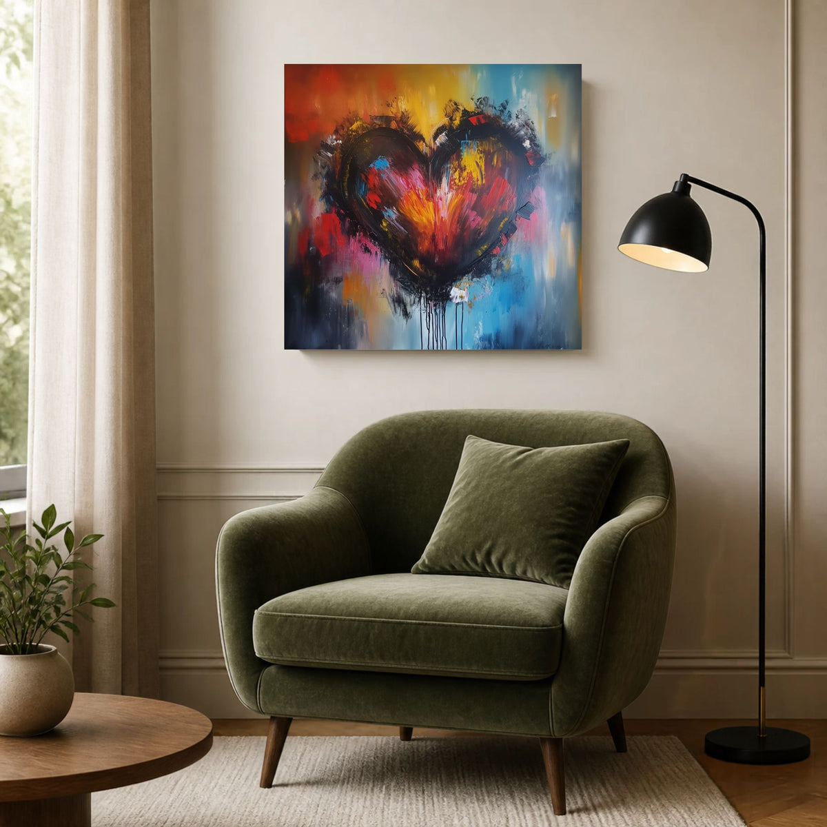Colorful Heart canvas above a green velvet armchair and black floor lamp